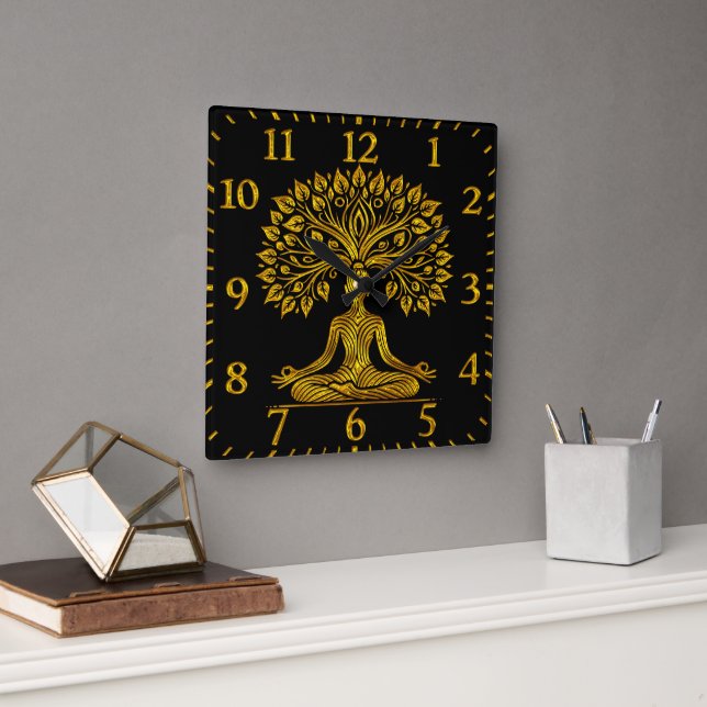 Intricate Gold Buddha Sculpture Square Wall Clock (Office)