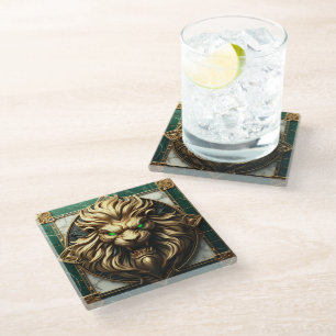 Intricate Gold Lion with Mesmerizing Eyes Glass Coaster