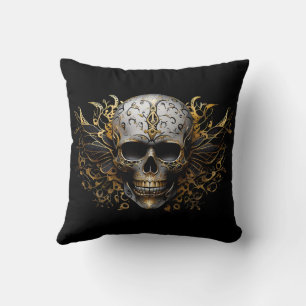 Intricate Gold Smiling Tribal Skull Throw Pillow