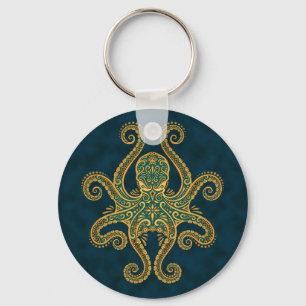 Intricate Golden Blue Octopus Keychain