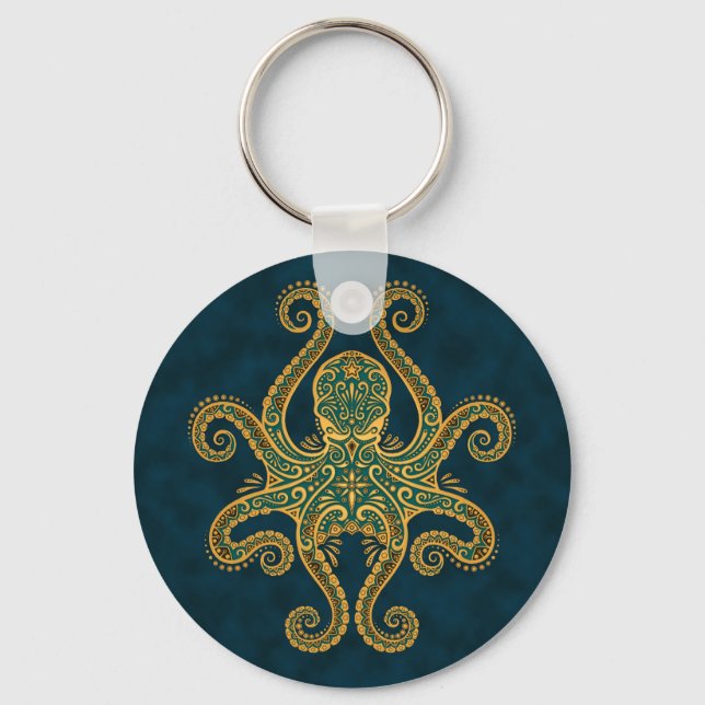 Intricate Golden Blue Octopus Keychain (Front)
