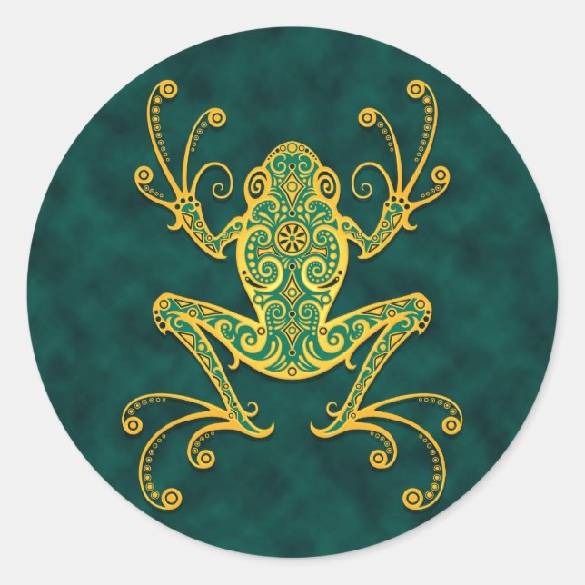 Intricate Golden Blue Tree Frog Classic Round Sticker (Front)