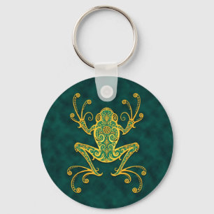 Intricate Golden Blue Tree Frog Keychain