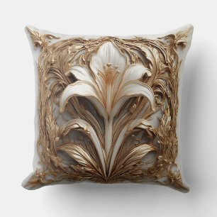 Intricate Golden Embellished Floral Relief Throw Pillow