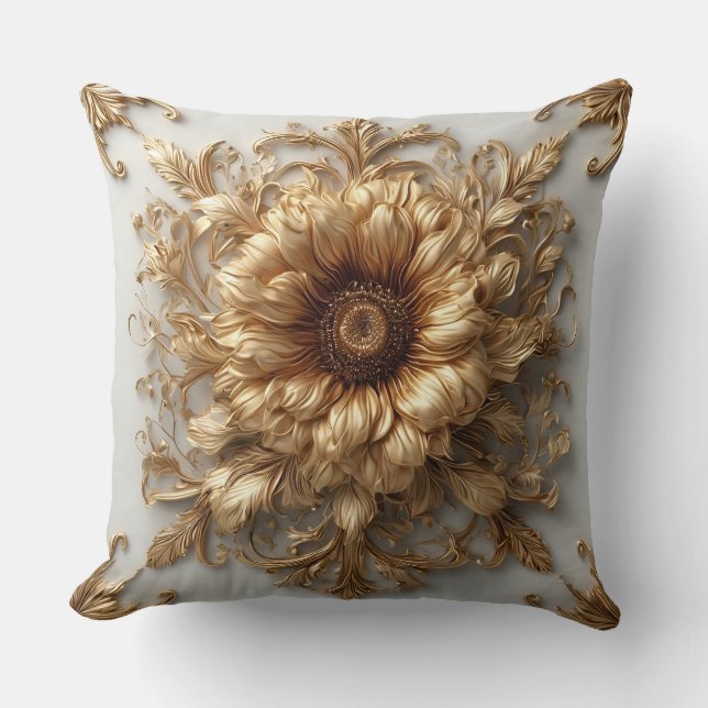 Intricate Golden Embellished Floral Relief Throw Pillow (Front)