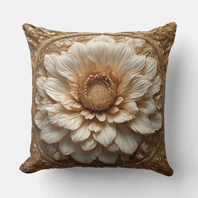 Intricate Golden Embellished Floral Relief Throw Pillow (Front)