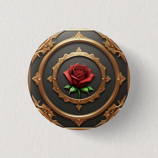 Intricate Golden Frame with Red Rose 1 Inch Round Button (Front)