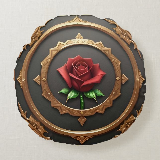 Intricate Golden Frame with Red Rose Round Pillow (Front)