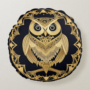 Intricate Golden Owl Art – Symbolic Ornamental Round Pillow