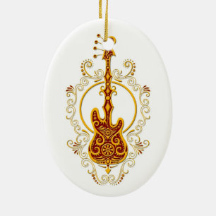 Intricate Golden Red Bass Guitar Design on White Ceramic Ornament