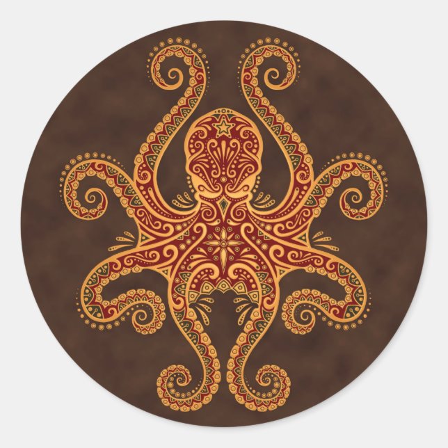 Intricate Golden Red Octopus Classic Round Sticker (Front)