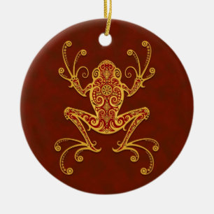 Intricate Golden Red Tree Frog Ceramic Ornament