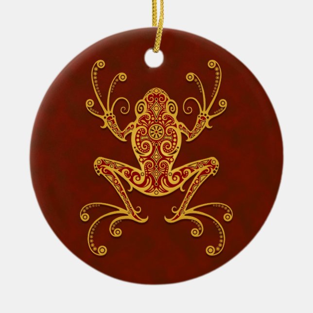 Intricate Golden Red Tree Frog Ceramic Ornament (Front)
