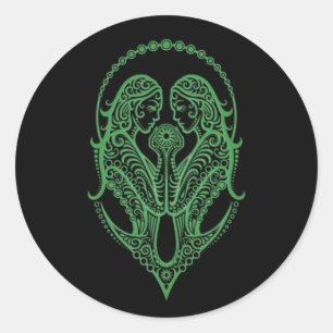 Intricate Green Gemini Zodiac on Black Classic Round Sticker