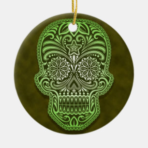 Intricate Green Sugar Skull Ceramic Ornament