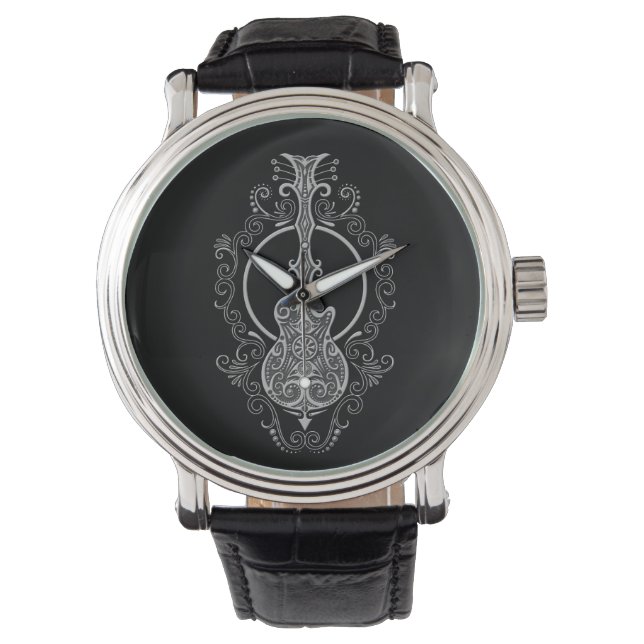 Intricate Grey Guitar Design on Black Watch (Front)