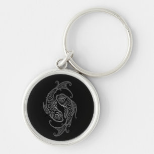 Intricate Grey Pisces Zodiac on Black Keychain