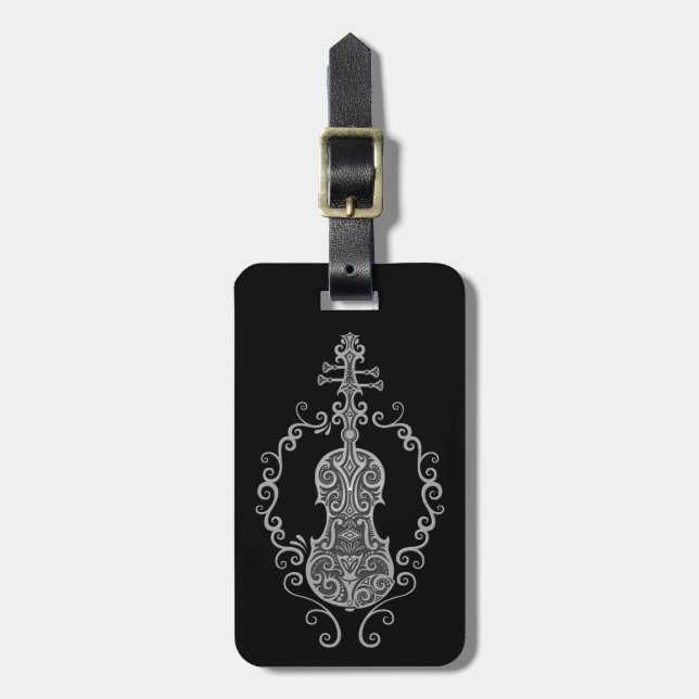 Intricate Grey Violin Design on Black Luggage Tag (Front Vertical)