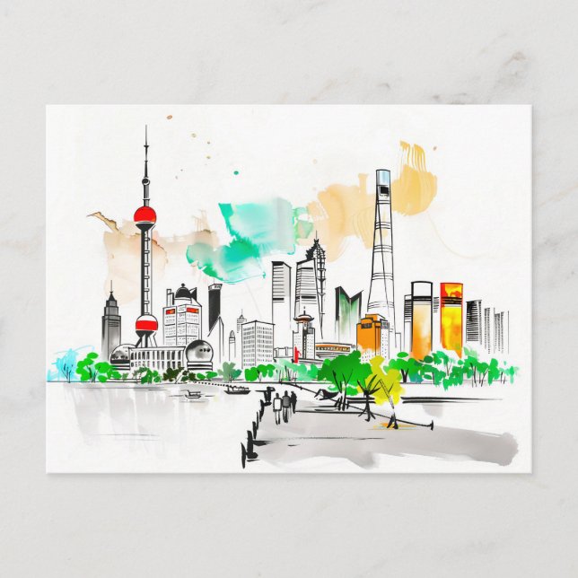 intricate ink artwork Shanghai Skyline at The Bund Postcard (Front)