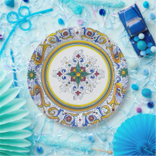 Intricate Italian Deruta Motif Floral Pattern Paper Plate