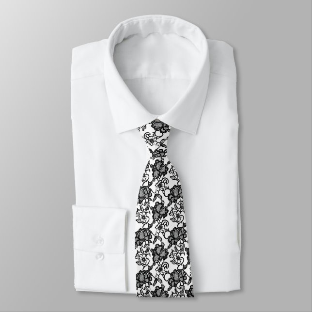 Intricate Lace Black Pattern Tie (Tied)