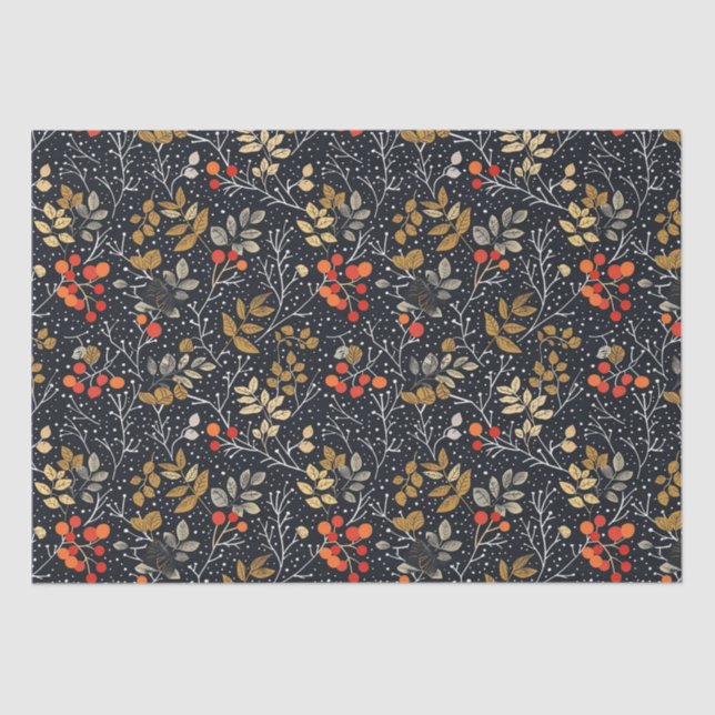 Intricate Leaf and Berry Pattern On Black Tissue Paper (Front)