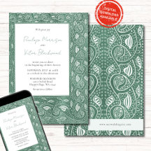 Intricate Leaf Frame on Green Wedding Invitation