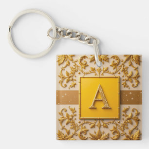 Intricate Letter A Design with Golden Borders Keychain