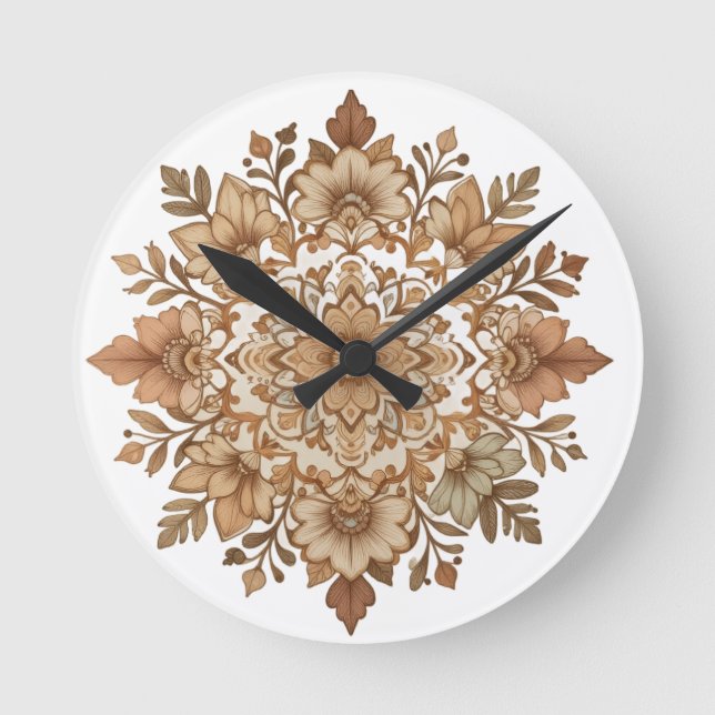 Intricate Mandala Floral Brown Tones Art Round Clock (Front)