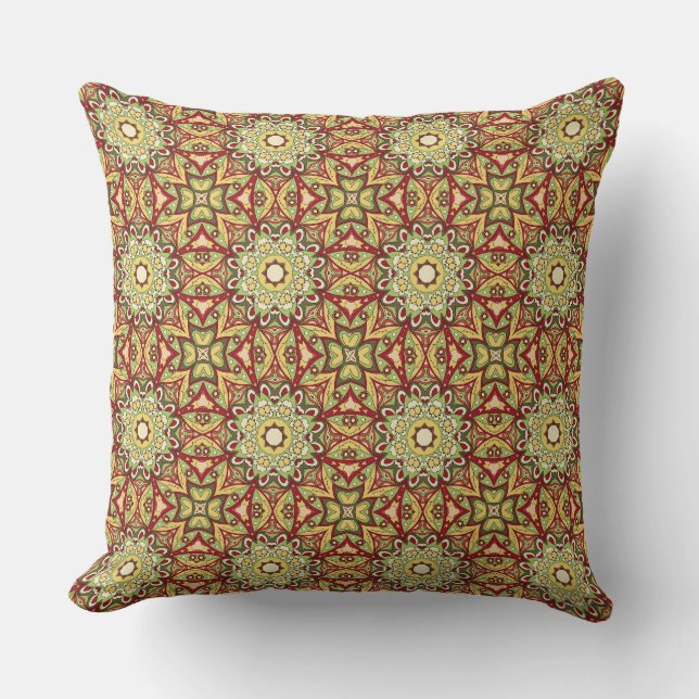 Intricate Mandala Red Gold Ethnic Pattern Design. Throw Pillow (Front)