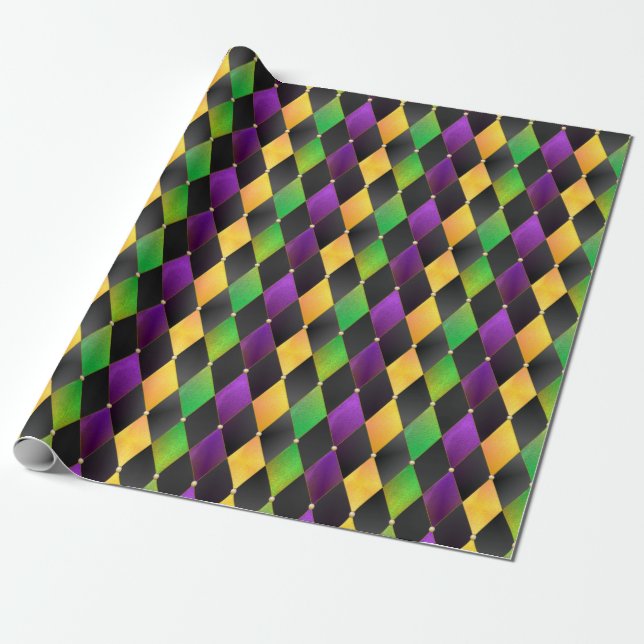 Intricate Mardi Gras Colours Diamond Argyle Wrapping Paper (Unrolled)