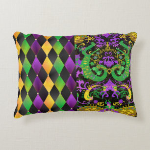 Intricate Mardi Gras Colours Dragon, Diamond Accent Pillow