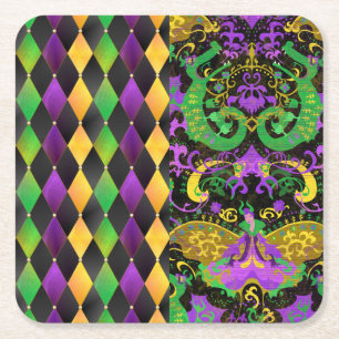 Intricate Mardi Gras Colours Dragon, Diamond Square Paper Coaster