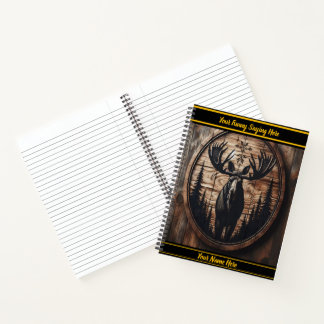 Intricate moose carving in forest notebook