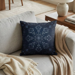 Intricate Navy Blue Mandala Snowflake Throw Pillow