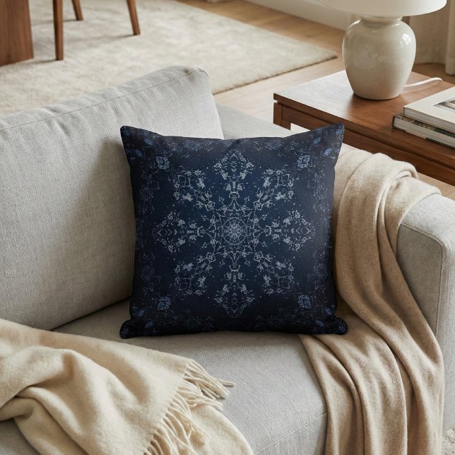 Intricate Navy Blue Mandala Snowflake Throw Pillow (Creator Uploaded)