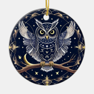 Intricate Night Owl Illustration Ceramic Ornament