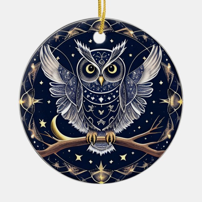 Intricate Night Owl Illustration Ceramic Ornament (Front)