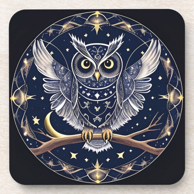 Intricate Night Owl Illustration Coaster (Front)