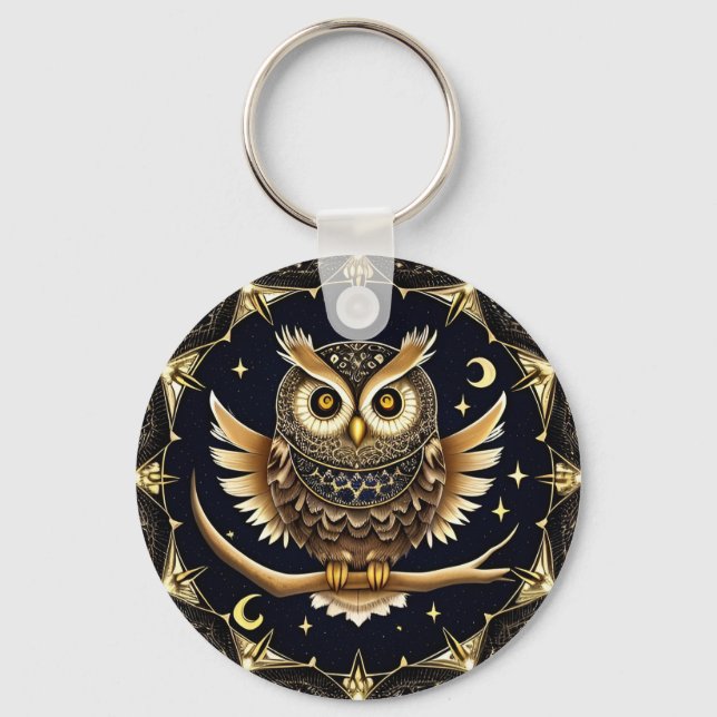 Intricate Night Owl Illustration Keychain (Front)