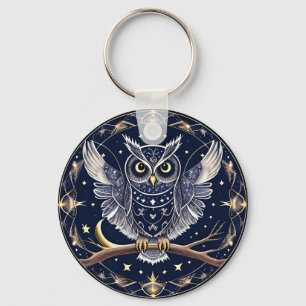 Intricate Night Owl Illustration Keychain