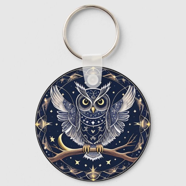 Intricate Night Owl Illustration Keychain (Front)