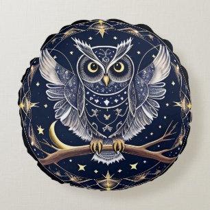 Intricate Night Owl Illustration Round Pillow