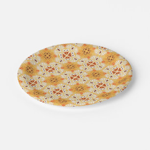 Intricate orange and brown geometric pattern paper plate