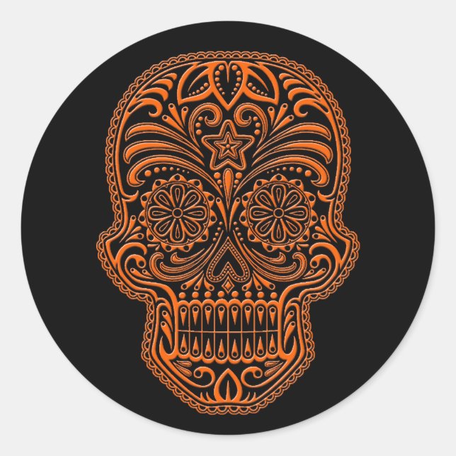 Intricate Orange Sugar Skull on Black Classic Round Sticker (Front)