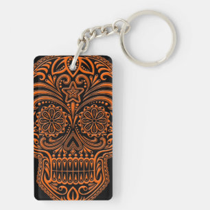 Intricate Orange Sugar Skull on Black Keychain