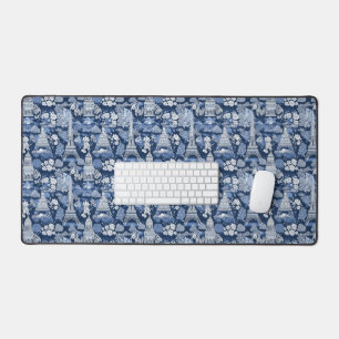 Intricate Parisian Blue Toile patterned Desk Mat