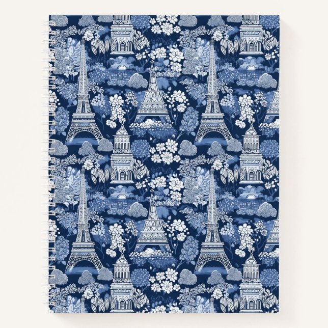 Intricate Parisian Blue Toile patterned Notebook (Front)