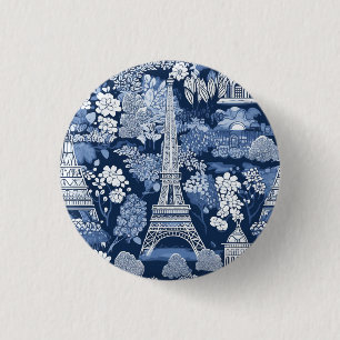 Intricate Parisian Eiffel Tower Blue Toile badge 1 Inch Round Button