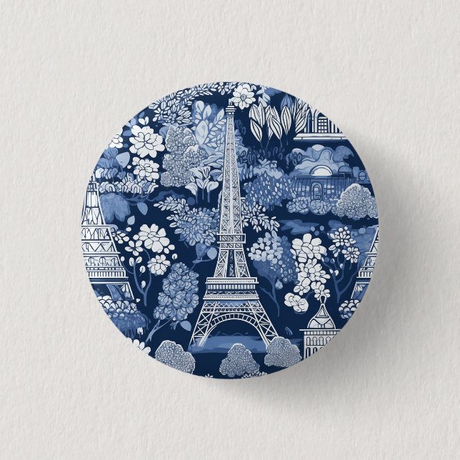 Intricate Parisian Eiffel Tower Blue Toile badge 1 Inch Round Button (Front)